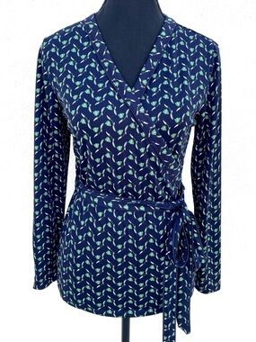 Ann Taylor Faux Wrap Surplice Top with Navy and Green Vine Print Small